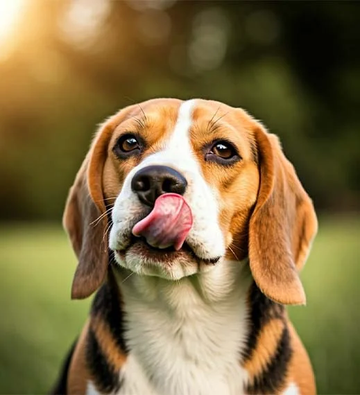 Beagle licking their lips