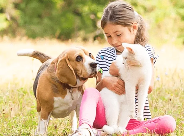 A girl cuddling with her cat and dog in a field